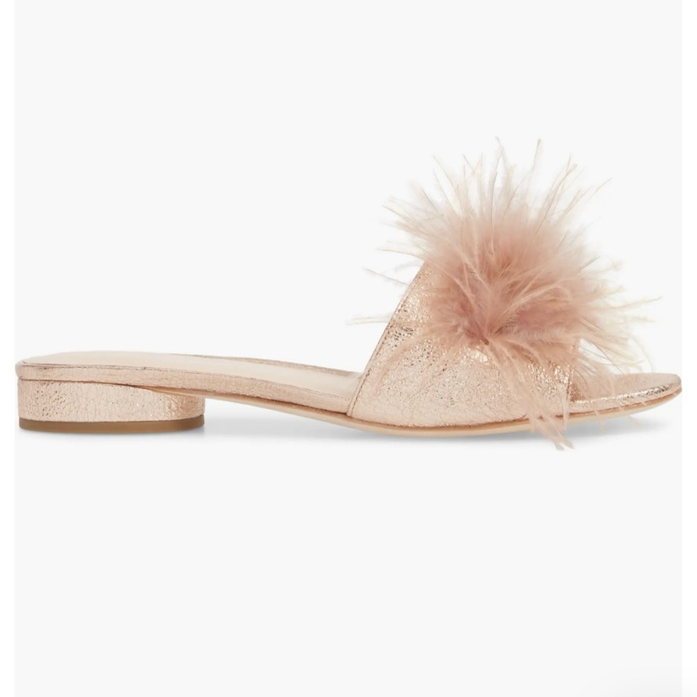 Loeffler Randall Lilly Crinkle Metallic Slide Sandal with Feather Pom